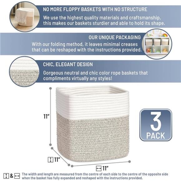 Storage Cubes 11 Inch Cotton Rope Woven Baskets for Organizing - Picture 3 of 7